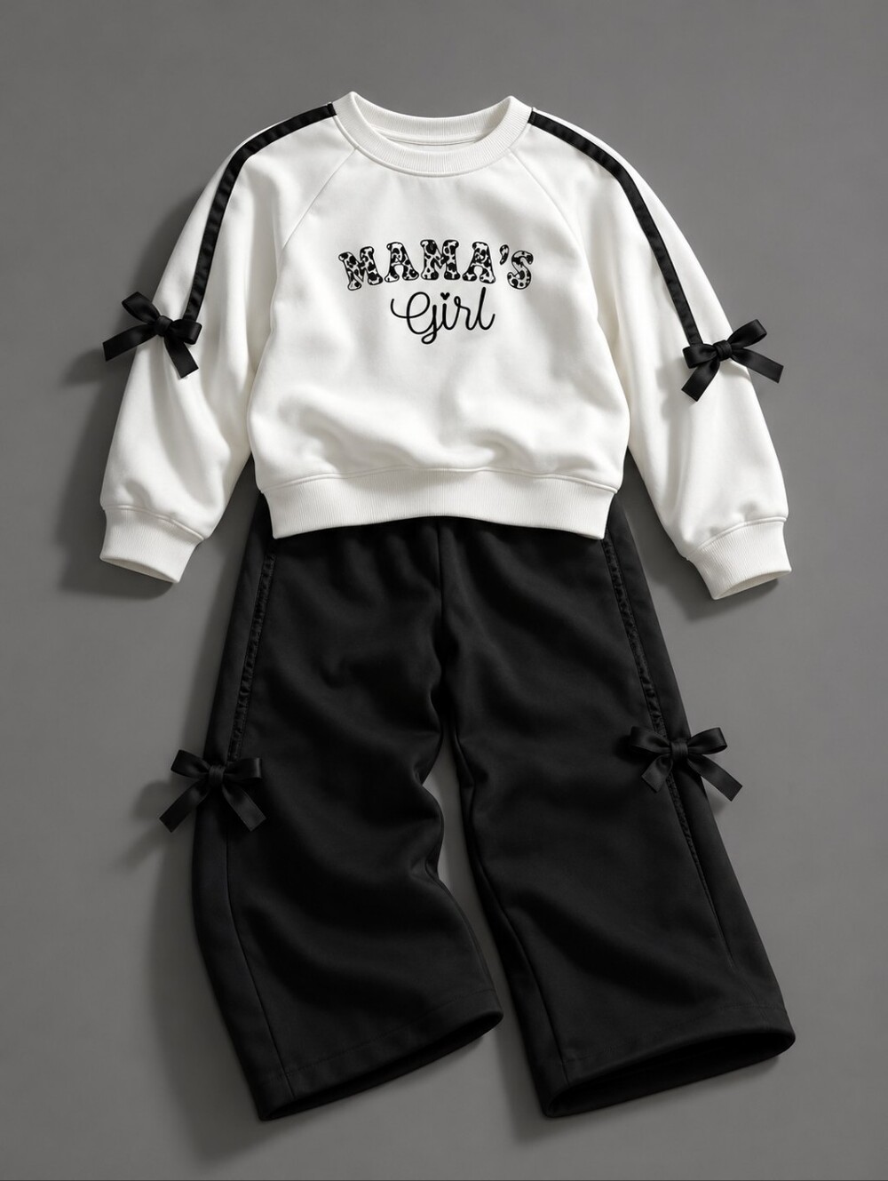 2 Pieces  White & Black Girls' Matching Sweatshirt and Joggers Set